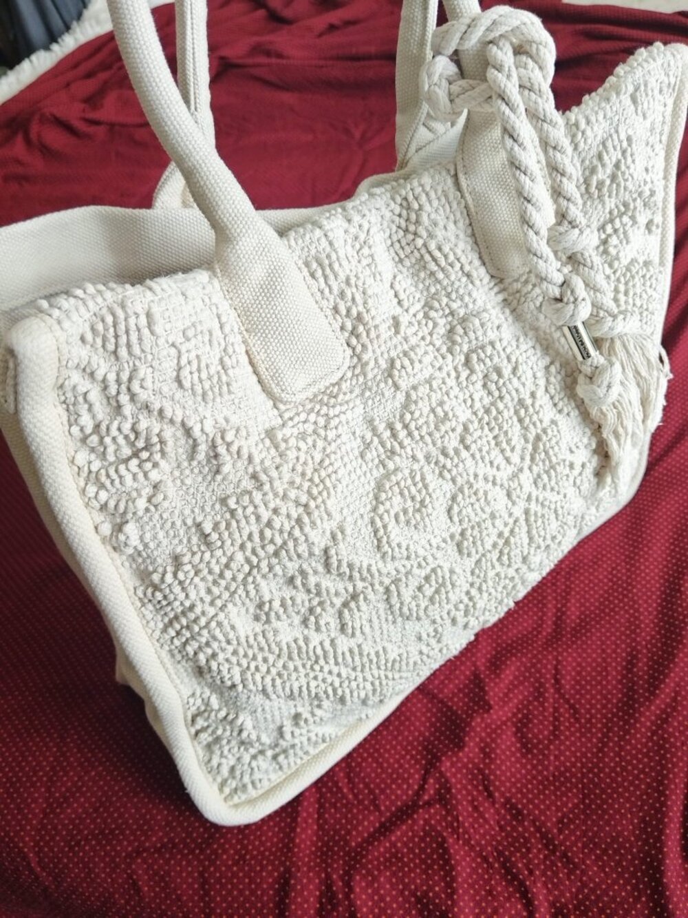 Vince Camuto Orla Tote Bag Warm Vanilla Cotton Textured Tufted Beach Canvas Bag